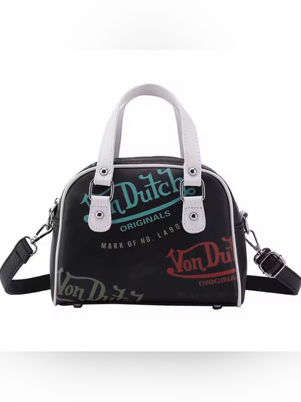 New designer inspired Black Mini Dome Satchel with White Handles